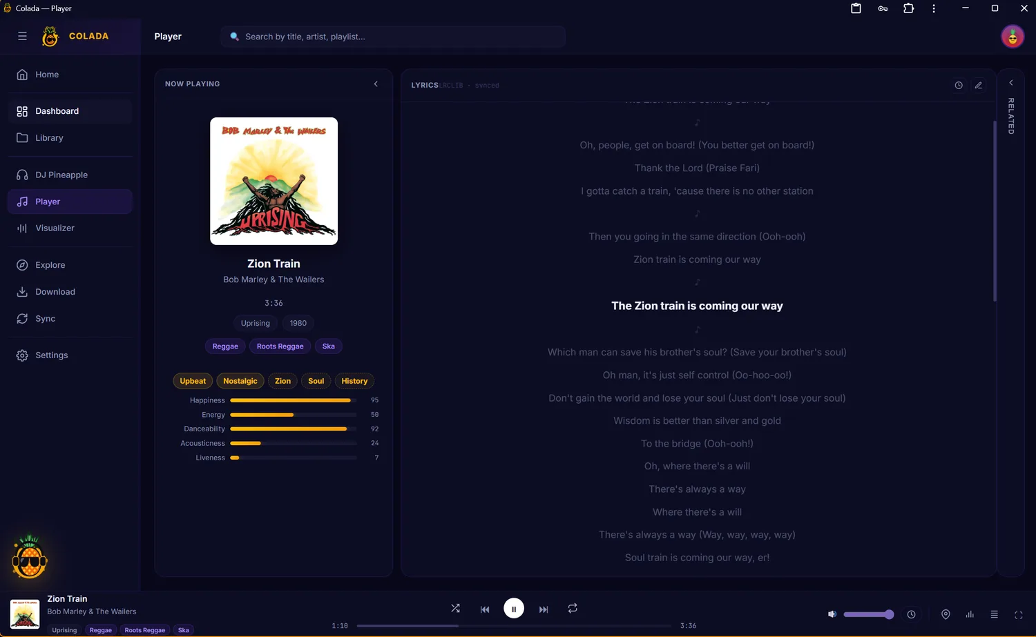 The Colada player with synced lyrics and mood analysis