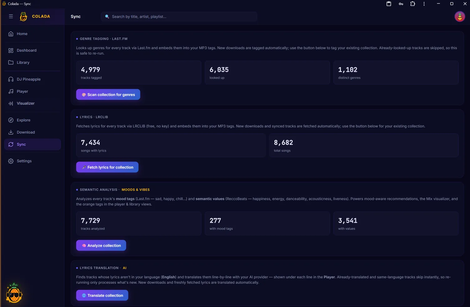 The Colada sync page enriching a collection